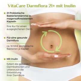 Vitacare Darmflora 21+ / bacteria cultures - culture complex with inulin - 21 bacterial strains with prebiotic - 180 vegan enteric-coated capsules.