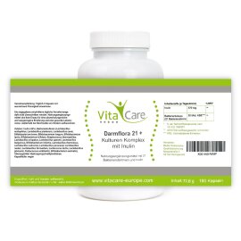 Vitacare Darmflora 21+ / bacteria cultures - culture complex with inulin - 21 bacterial strains with prebiotic - 180 vegan enteric-coated capsules.