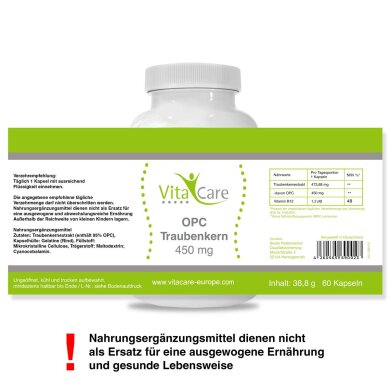 OPC Traubenkernextrakt 94% / 450 mg reines OPC  pro Kapsel - 60 Kapseln - VitaCare