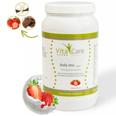 Daily One Protein-Shake Erdbeere 630g - Whey-Proteinpulver mit Flohsamenschalenpulver von VitaCare